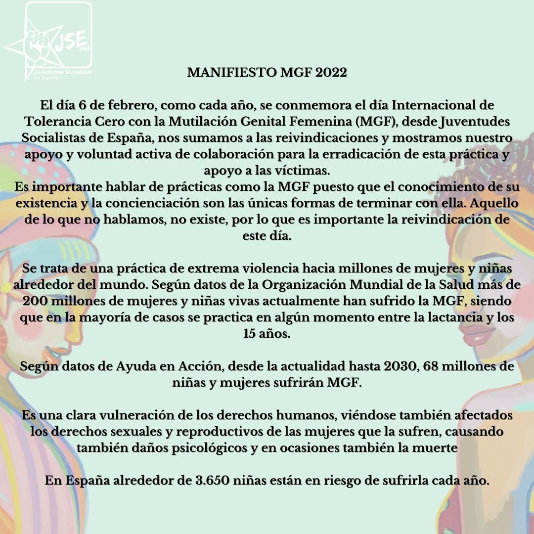 JSE_ORG's tweet image. 💜MANIFIESTO DE JSE CONTRA LA MUTILACIÓN GENITAL FEMENINA💜

Nuestras compañeras @paulaalonsoc_ y @DiianaMatos son las encargadas de recordarnos que la lucha por una vida digna para las mujeres que sufren cualquier violencia, está más fuerte que nunca.