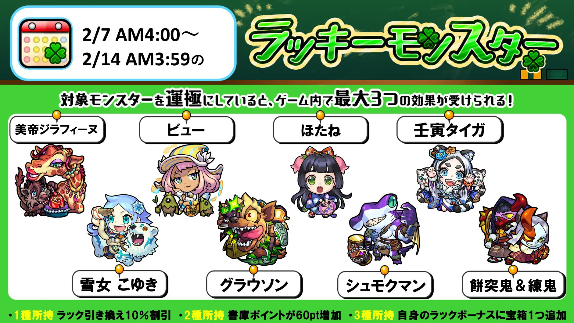 モンスターストライク公式 モンスト 次回のラッキーモンスター 対象モンスターを運極にしている種類数に応じて 最大3つの効果が受けられます 詳細はこちら T Co Juvyf03lx9 モンスト T Co Srzaznnbw5 Twitter