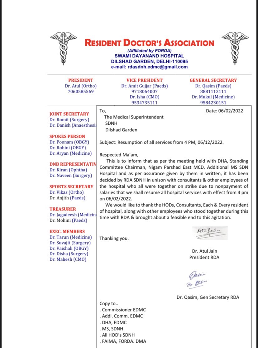 RDASDNH95's tweet photo. Grateful to @FordaIndia @FAIMA_INDIA_  for the huge support. Thankful to everyone else who supported us. We have decided to resume all the services as a written assurance has been given to us. Sincerely hoping the higher authorities will stick to their words &amp; promises 🙏🏻 https://t.co/ECdlx3Jz5X