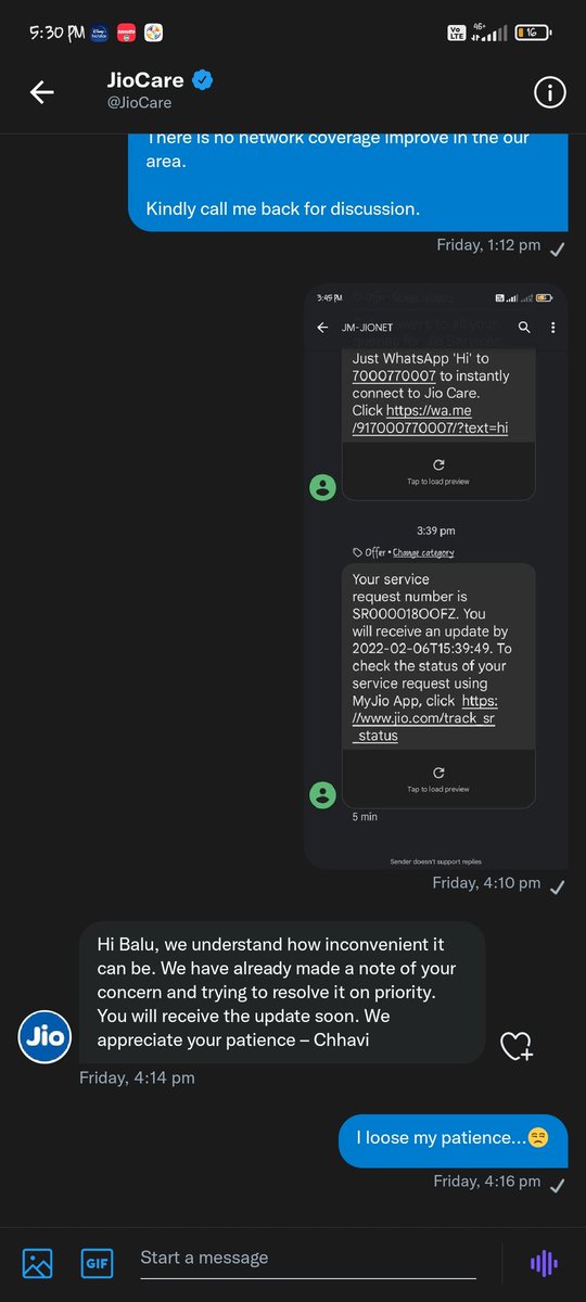 BaluBalaji37377's tweet photo. @JioCare Noo Mahesh, 

Please confirm here,I don't want DM portal and all. please check below chat history. https://t.co/TS88vjqgT9