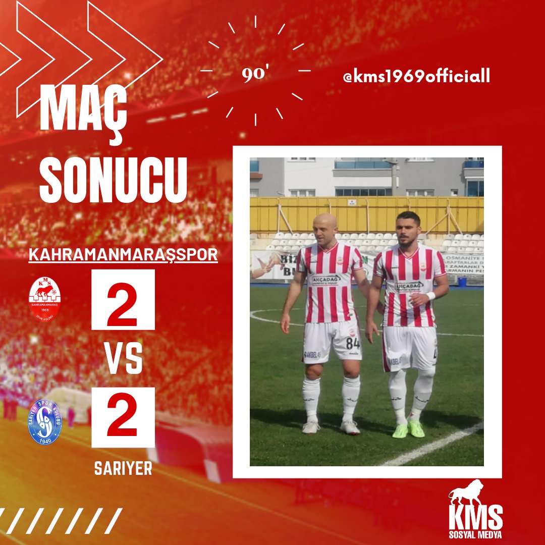 kms1969official's tweet photo. ⏱ 90'| Maç Sonucu 👈 Kahramanmaraşspor'umuz 2-2 Sarıyer
⏱️ 7 ' Can Erdem ⚽
⏱️ 21' Yakup Ramazan Zorlu ⚽
📲#KMSvSS https://t.co/TcnydCRdt9