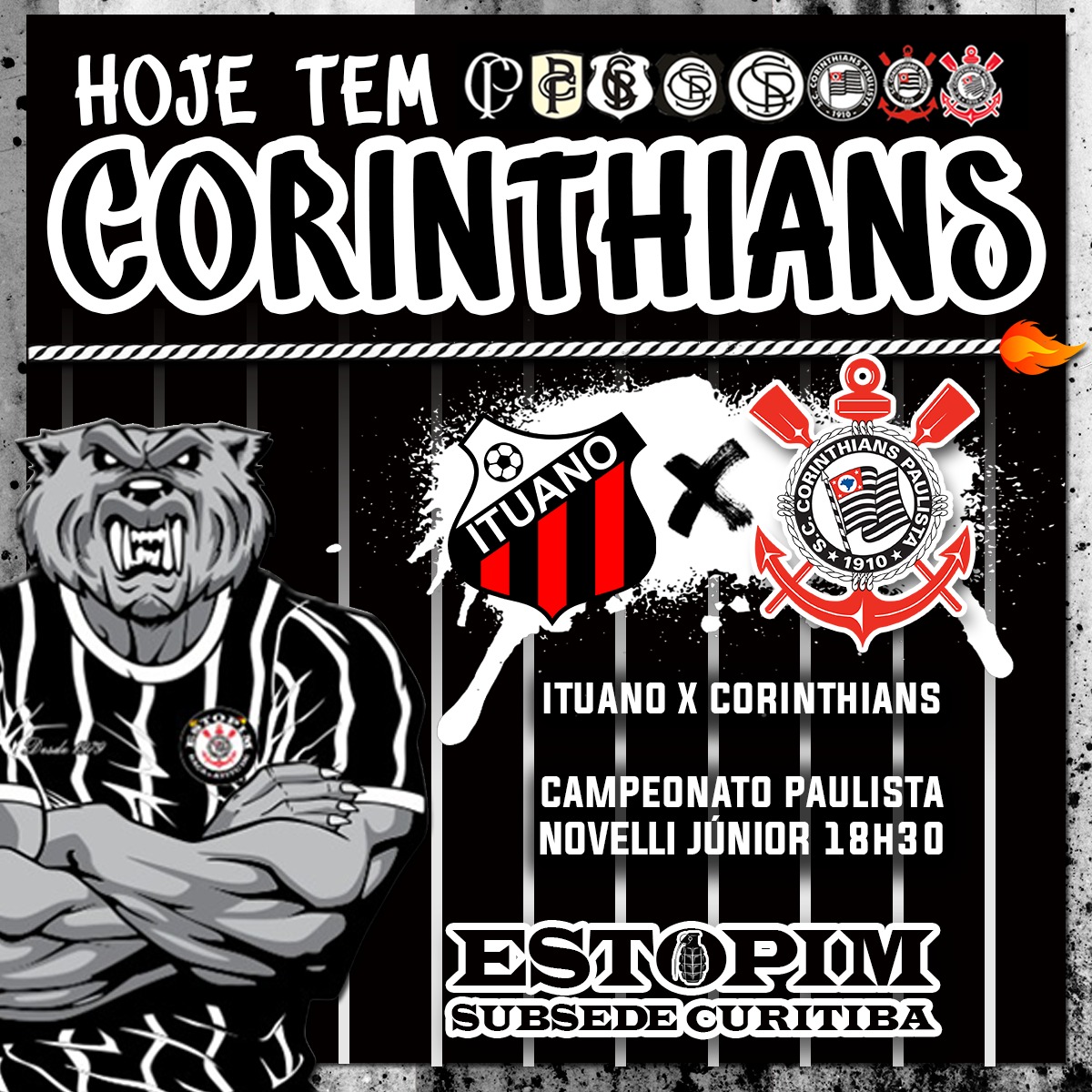HOJE TEM CORINTHIANS!

⚽ ituano x CORINTHIANS 
🏆 Paulistão - 4ª rodada
🏟 Novelli Júnior
⏰ 18h30

SUBSEDE ESTARÁ ABERTA, VAMOS CHEGAR! TODO CORINTHIANO É BEM-VINDO! 

Raça e Atitude! 💣 

#Paulistão #Corinthians #VaiCorinthians #EstopimDaFiel #EstopimCuritiba