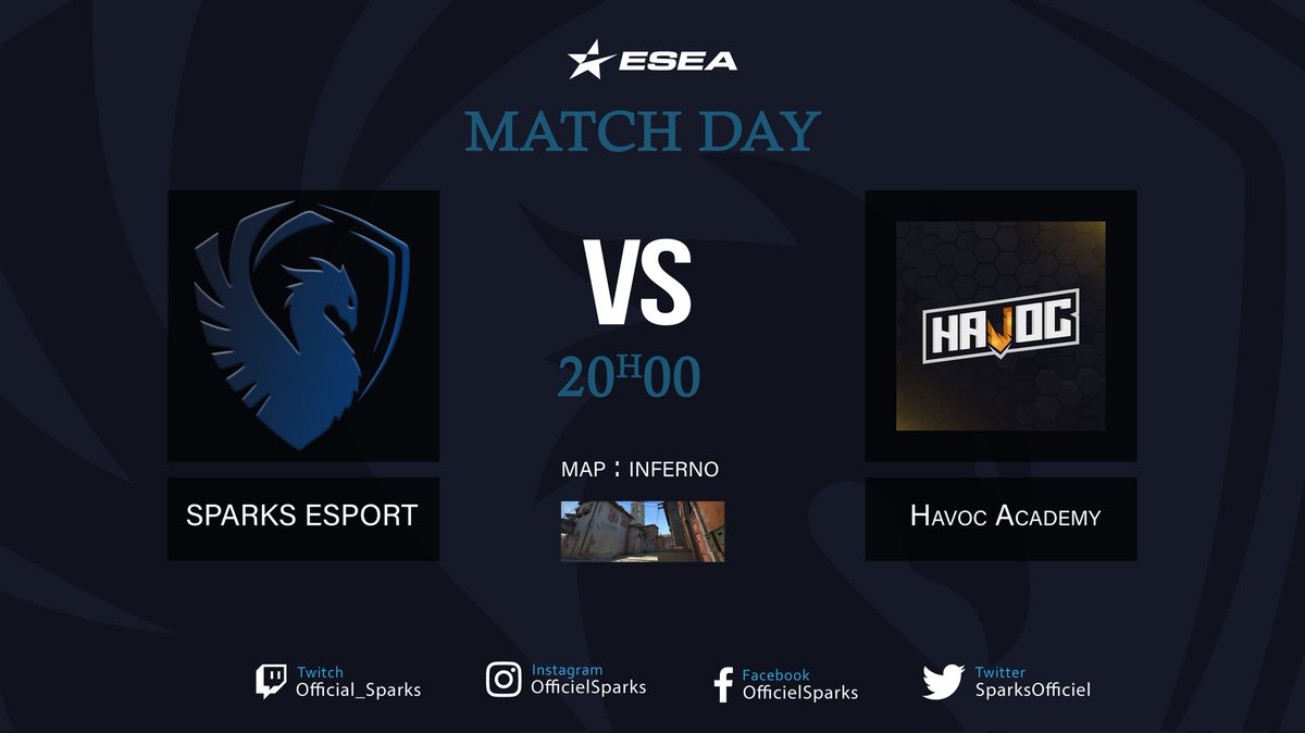 sparks_esport's tweet photo. 📣 Rendez-vous ce soir pour notre 2e matchs ESEA Open ce soir 🆚️ havoc academy en live sur 📺 https://t.co/ky6okfphEb à ⌚ 20h00 
#CSGO #ESEA #GOSPARKS https://t.co/yMNOvI3bpp