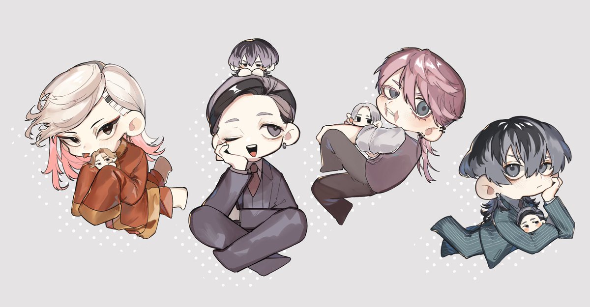 multiple boys black hair chibi pink hair black eyes pants long sleeves  illustration images