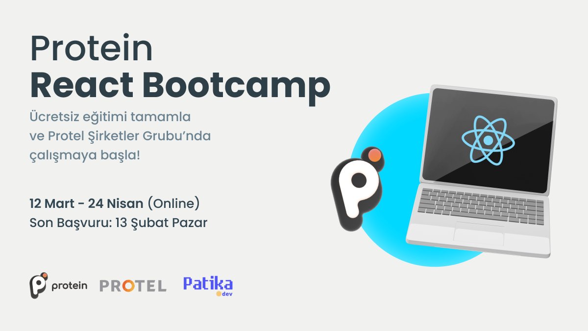patika_dev's tweet photo. Protein iş birliği ile düzenlediğimiz React Bootcamp başlıyor!🚀 Ücretsiz bootcamp'e katılarak yazılım kariyerine @wereprotein ekibinde başlamak istiyorsan şimdi başvur!🥳
📢Son Başvuru Tarihi: 13 Şubat
➡️https://t.co/0LitRJhTRJ
#react #bootcamp #protein #protel #ücretsiz https://t.co/f5kpZQdtAw