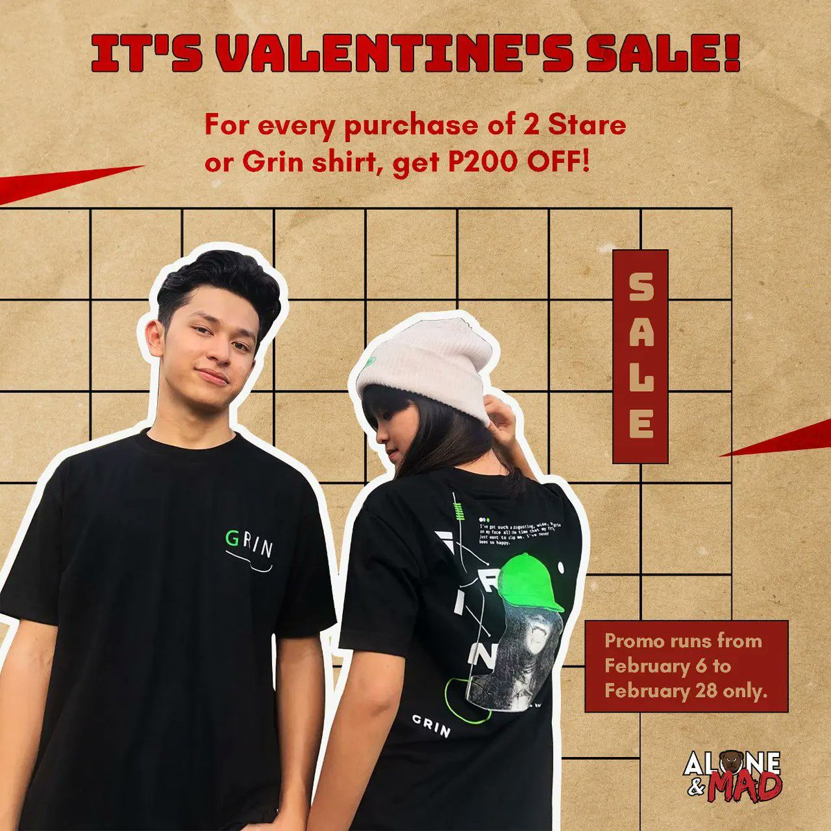 ak_capistrano's tweet photo. IT'S VALENTINE'S SALE 😍😍

For every purchase of 2 Stare or Grin shirt, get P200.00 OFF! 

Promo runs from runs from February 6-28 only.
So what are you waiting for? Get yours now! https://t.co/wosjPc3v4q