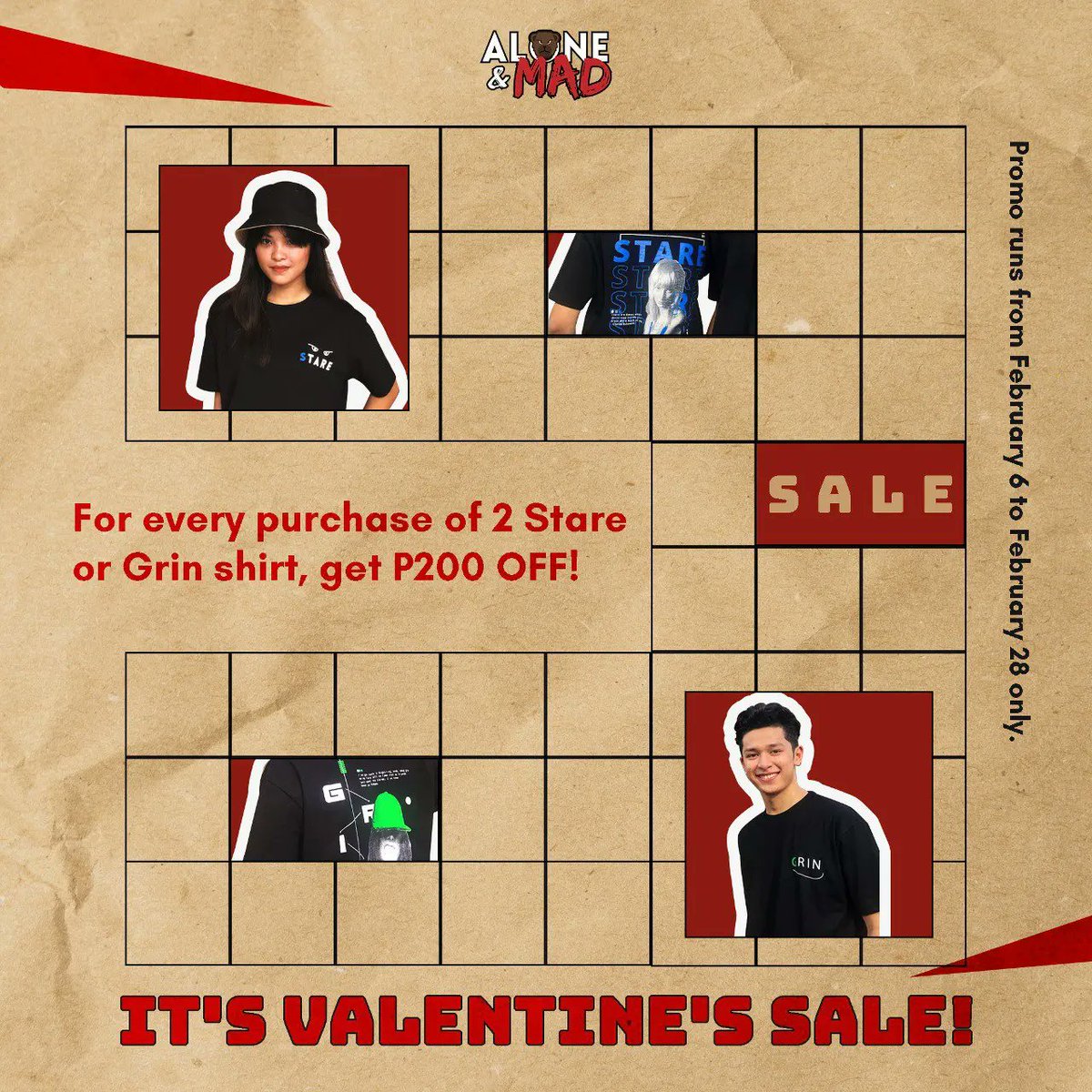 ak_capistrano's tweet photo. IT'S VALENTINE'S SALE 😍😍

For every purchase of 2 Stare or Grin shirt, get P200.00 OFF! 

Promo runs from runs from February 6-28 only.
So what are you waiting for? Get yours now! https://t.co/wosjPc3v4q