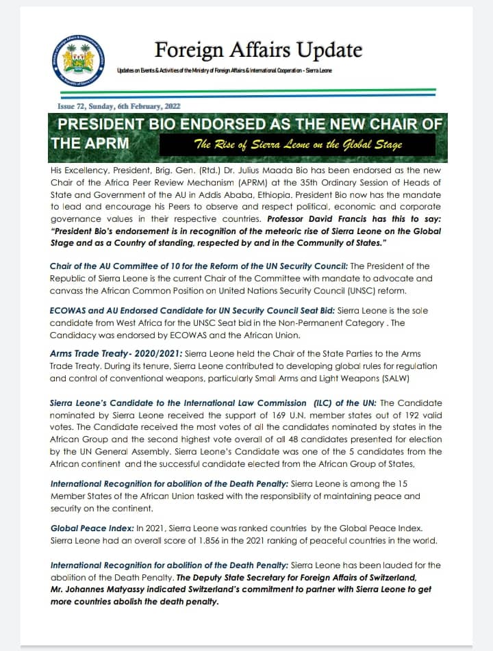 sierraeyesalone's tweet photo. @PresidentBio endorsed as the New Chairperson of the AU-African Peer Review Mechanism @APRMorg by the 35th @_AfricanUnion Summit of Heads of State and Government. #SierraLeone #SaloneTwitter https://t.co/WDSFEFo3CD