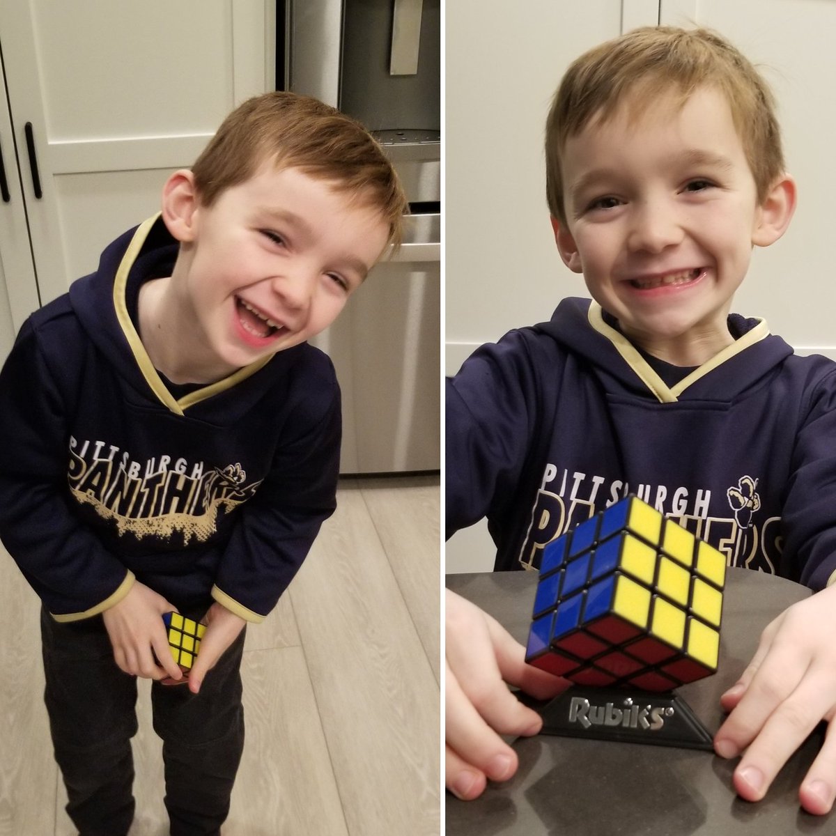 Nothing but pure joy and ecstatic screaming this am! This 7 year old solved the #RUBIXCUBE completely on his own!!!!