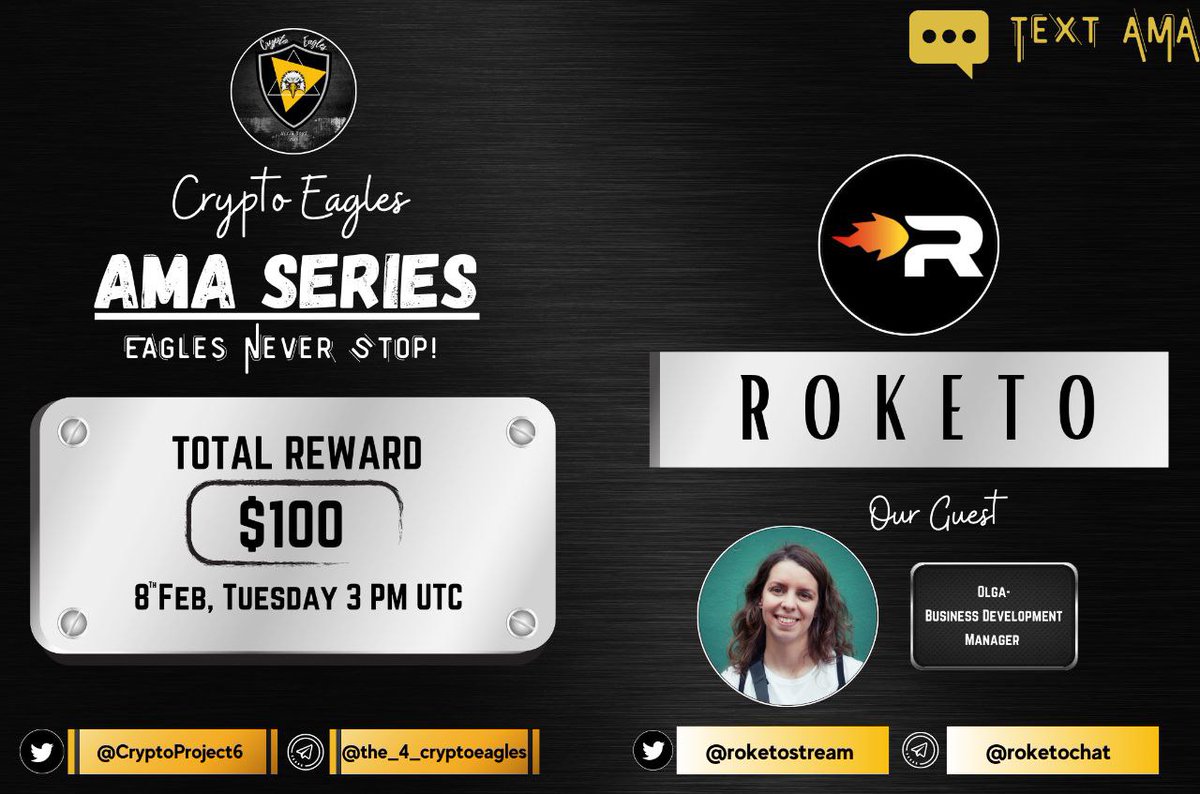 We are pleased to announce our next AMA with @roketostream on Feb 8, 3PM UTC.

Reward: 100$
Venue: t.me/the_4_cryptoea…

👉Follow @roketostream &amp; @cryptoproject6
👉Join: t.me/roketostream &amp; t.me/roketochat
👉 Like, RT &amp; Tag 3 Friends