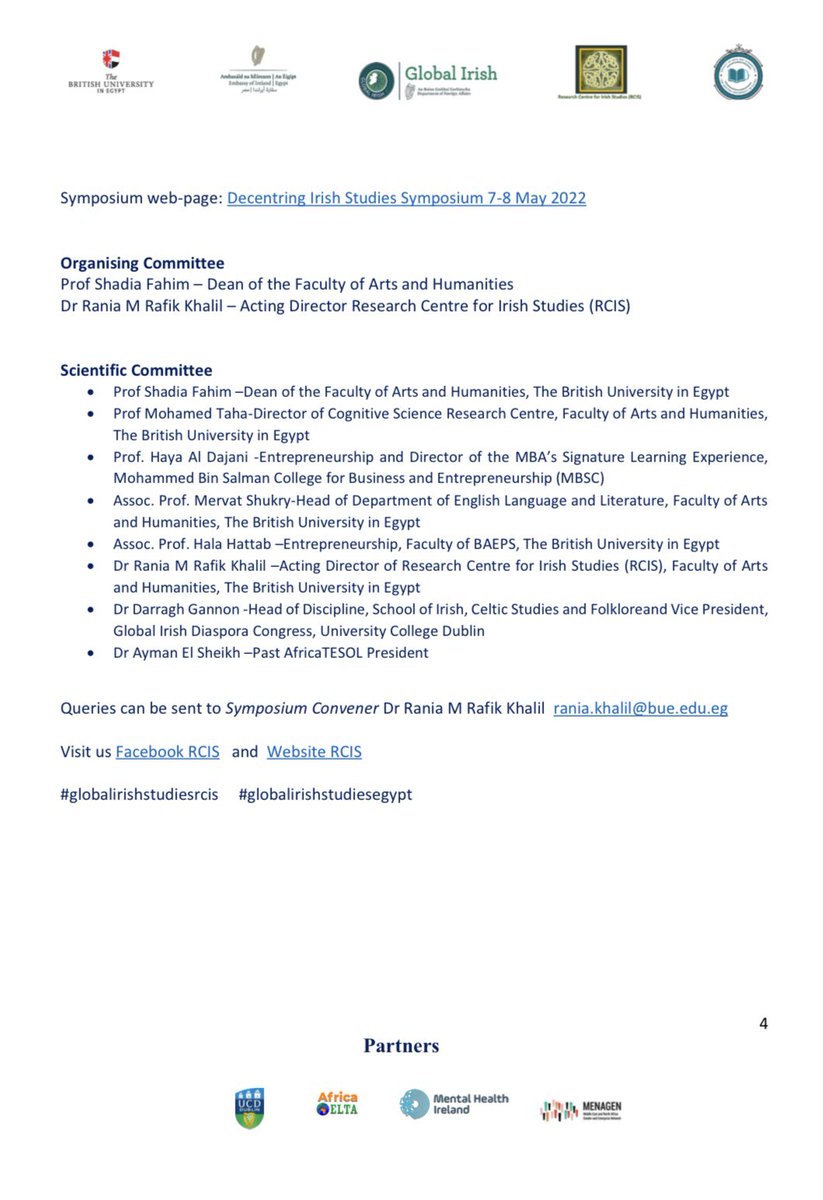 #GlobalIrish #IrishStudies #CFP

‘Decentring the Irish World: Contemporary and New Directions in Global Irish Studies’ (7-8 May 2022)

Important symposium organised by my friends <a href="/RaniaKhalil4/">Rania M Rafik Khalil</a> <a href="/bue_official/">The British University in Egypt</a> supported by <a href="/dfatirl/">Irish Foreign Ministry</a> <a href="/GlobalIrish/">Global Irish ☘</a>.

🌍 CFP deadline: 1 March 🌎