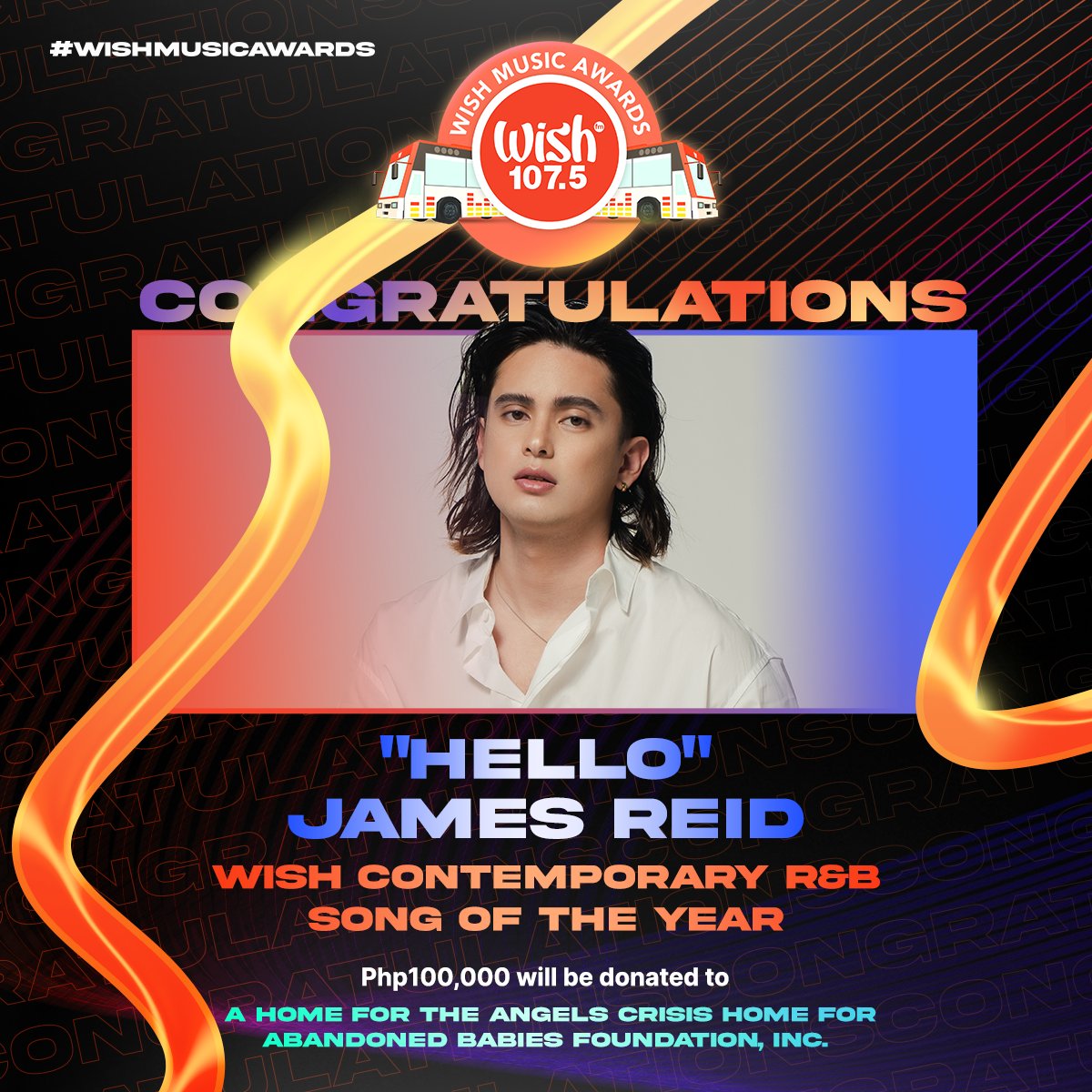 Wish Contemporary R&B Song of the Year: 'Hello' by @tellemjaye Php100,000 will be donated to his chosen beneficiary, A Home For The Angels Crisis Home For Abandoned Babies Foundation, INC. He will also receive a cash prize of Php25,000. #WishMusicAwards