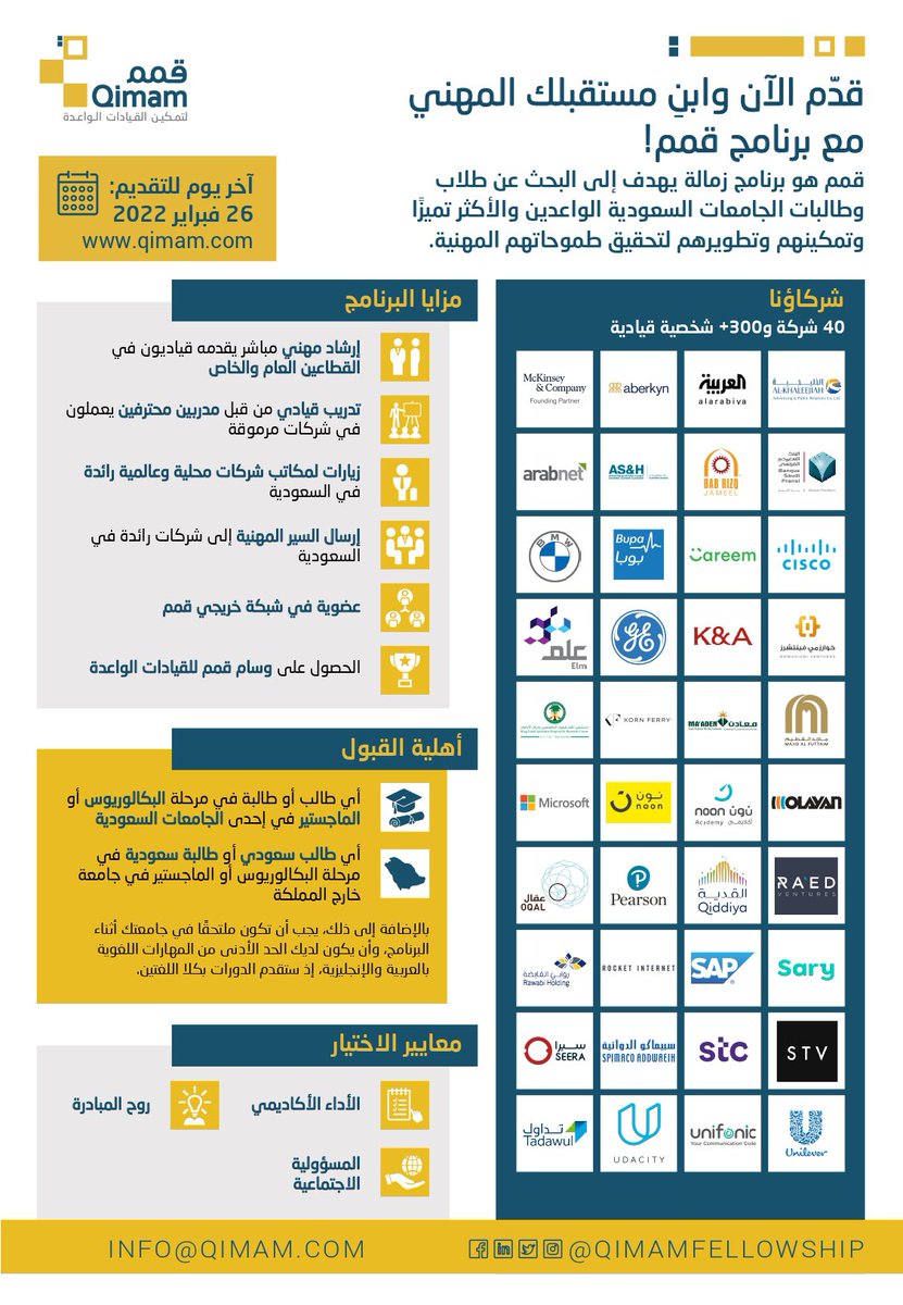 🔴 (بالشراكة مع 40 شركة)

مدة البرنامج: 12 يوماً
الجنس: للجنسين
المؤهل: بكالوريوس وماجستير

يعلن #برنامج_قمم بدء التقديم لطلاب وطالبات الجامعات الأكثر تميزاً 2022م

(من المزايا تغطية التكاليف ونشر سيرتك الذاتية ومشاركتها مع مدراء موارد بشرية)

تسجيل (wdeftksa.com/sa/jobs/9404)