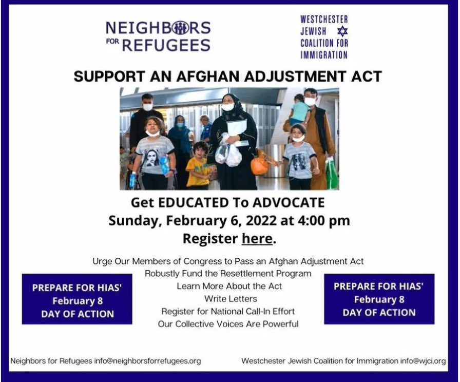 We're gearing up for a giant call-in day on 2/8! Super impt to tell our Senators + Reps to pass a bill to help Afghan refugees complete steps to permanent US residence. Join us today at 4pm to learn &amp; be fired  up!!  SIGN UP HERE: shorturl.at/bxGQS #AfghanAdjustmentAct