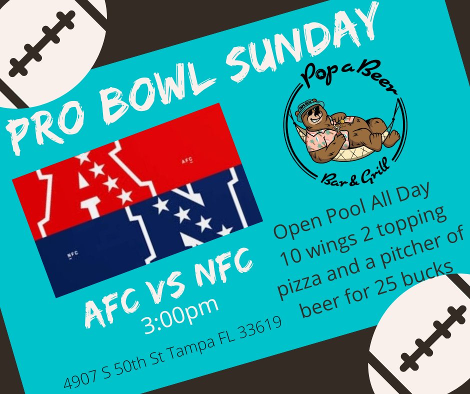 Mach5E21's tweet image. It&apos;s Pro Bowl Sunday!!!! Head on over to Pop A Beer Bar and Grill and watch AFC face off against the NFC today at 3pm and also enjoy Open Pool all day. 10 wings 2 topping pizza and a pitcher of beer for 25 bucks!!!!