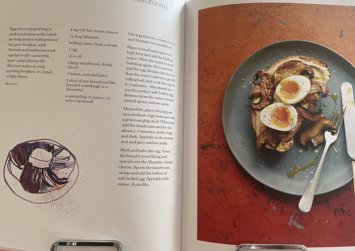 Bought #lifekitchen by @RyanRileyy as interested in taste changes for patients. Not enjoyed food much since having covid a year ago and all the flavour combos in the book appeal. Just had this utterly delicious brunch - marmite cream cheese toast with lemony mushrooms egg