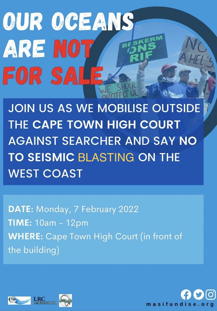 CtxRebellion's tweet photo. ⚠️Tomorrow is the big day of the court hearing against @SearcherSeismic and @DMRE_ZA at Cape Town High Court. Join us to make our voices heard in front of the court building at 10am. ✊🏼✊🏼✊🏼
#StopSeismicSearcher
#oceanoza 
#saveTheWestCoast 
#OceansNotOil https://t.co/zssLfBWHdL