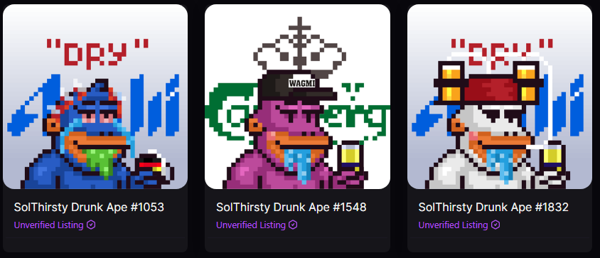 DuckNFT1's tweet photo. In total, i aped in on these 3 beauties from @SolThirstyClub collection of drunk apes
You can still mint yours for only 0.2 Sol
https://t.co/JE8ShIraE6 https://t.co/TrgsBAZnDi