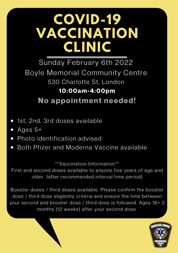 Our vaccine team will be at the Boyle Memorial Community Centre today, Feb 6th from 10am-4pm!
<a href="/CityofLdnOnt/">City of London</a> <a href="/MLHealthUnit/">MLHealthUnit</a>
