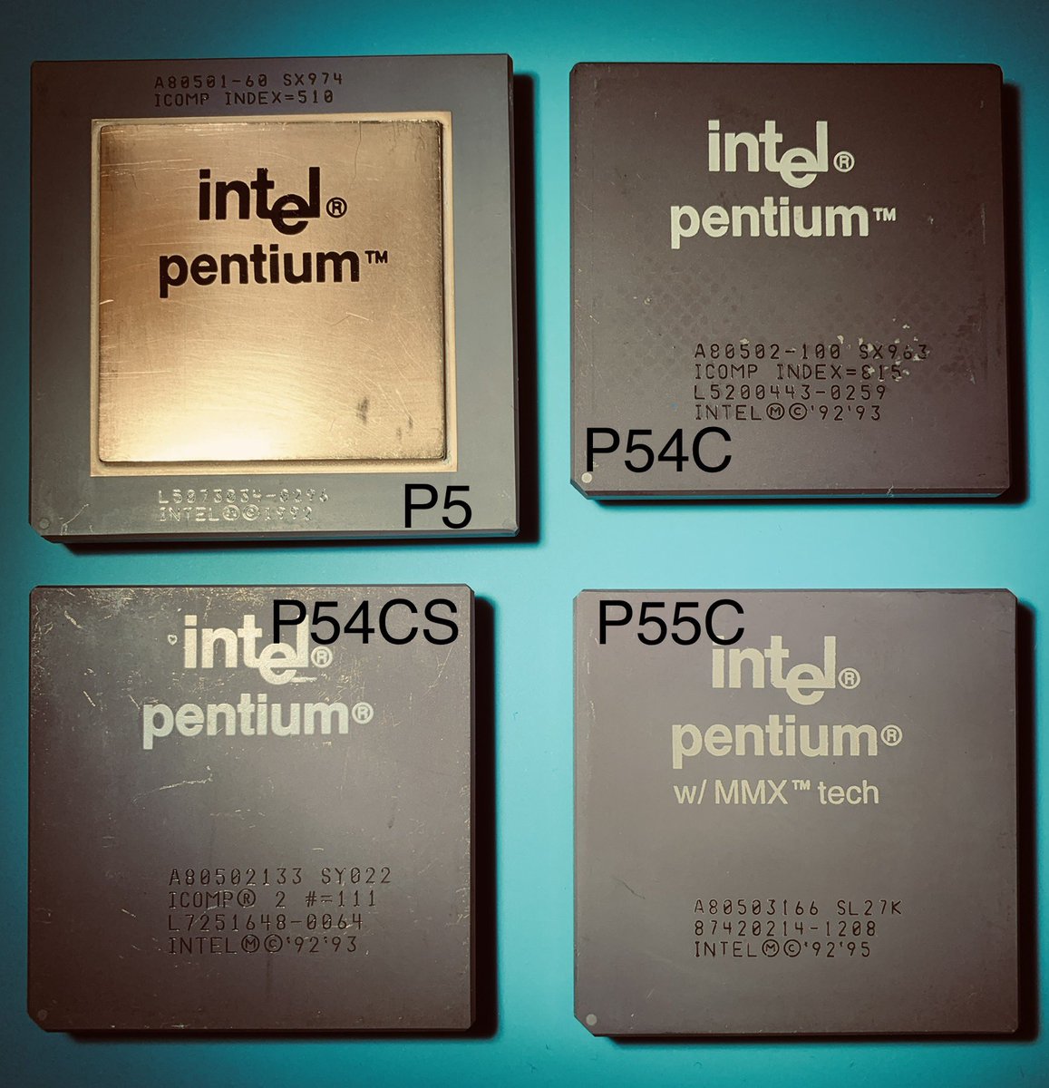 duke_cpu's tweet photo. I continued working on my #Pentium #CPU story following the 25 years anniversary of the Pentium MMX. The four Pentium generations go through a 800nm, then 600nm, and finally a 350nm process for the two last Pentium versions. #cpuduke #intel #vintage #microelectronics https://t.co/Fwsm8WI1lj