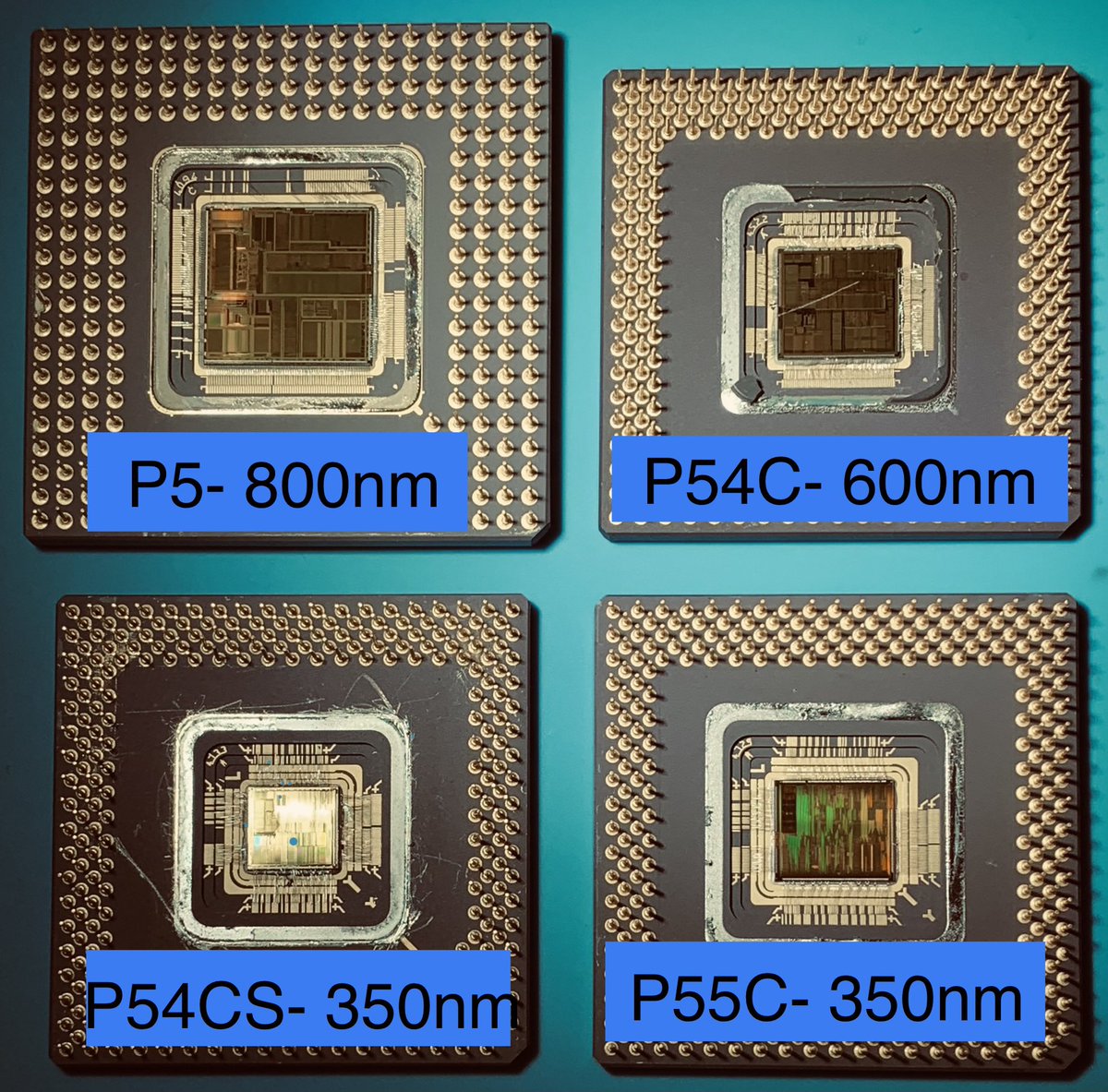 duke_cpu's tweet photo. I continued working on my #Pentium #CPU story following the 25 years anniversary of the Pentium MMX. The four Pentium generations go through a 800nm, then 600nm, and finally a 350nm process for the two last Pentium versions. #cpuduke #intel #vintage #microelectronics https://t.co/Fwsm8WI1lj