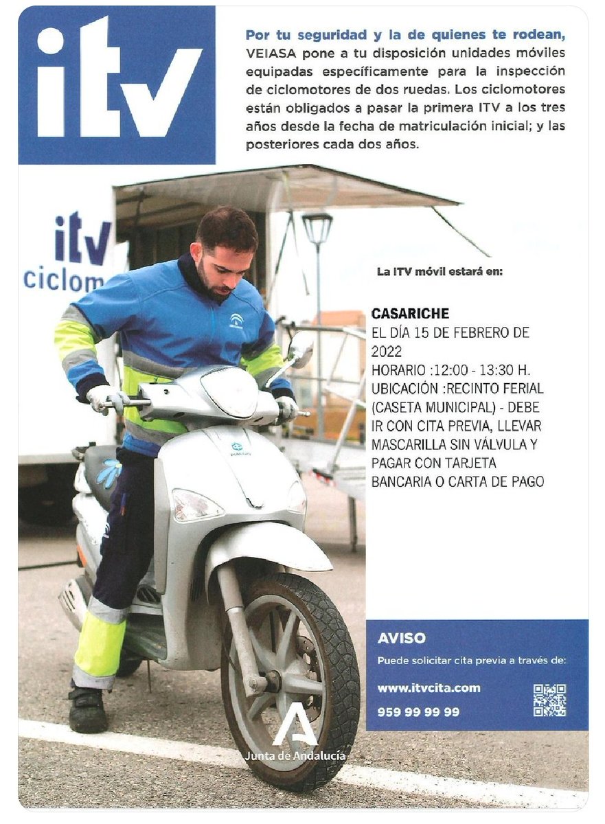#ProtecciónCivil de  #Casariche informa que el próximo día 15 del presente mes, en horario de 12:00 a 13:30 en el recinto ferial la unidad móvil de ciclomotores estará para realizar la inspección a los ciclomotores que vayan a cumplir o no se encuentren en vigor. Reserve su cita