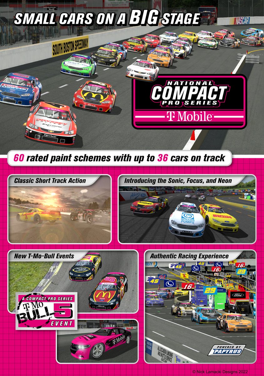 NLamacki's tweet photo. After more than a year of slowly chipping away at it, I’m proud to finally unleash the National Compact Pro Series presented by T-Mobile. Available for download at Stunod. Hope you enjoy! 🏁
 https://t.co/7vXS0DuqII

#NASCAR #NR2003 #GraphicDesign #MoreShortTracks https://t.co/XcS6aEloD9