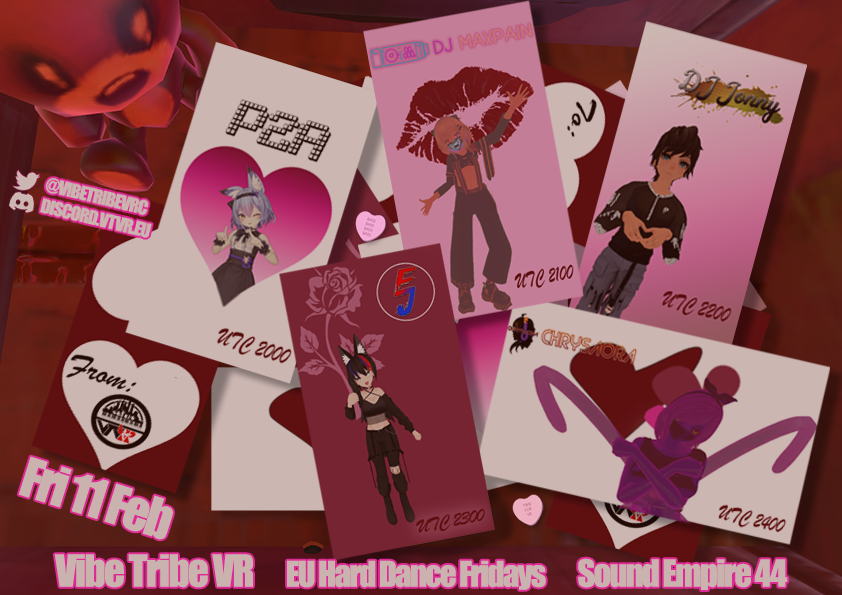 Feel the love AND the BASS this Valentine's with DJs  <a href="/Power2All/">Power2All</a>, <a href="/MaxPainNL/">DJ MaxPain</a>, Jonny, <a href="/Ejay2287/">Ejay</a> &amp; <a href="/DjChrysaora/">Chrysaora | 🪼 | Endie</a>!

START
11 FEB
2000 UTC

🇪🇺
2000 BT
2100 CET

🇺🇸
1500 EST
1200 PST

🇯🇵 
2900 JST

Details: vrcc.events/event/15c2bbe4…

Discord: VTVR.EU