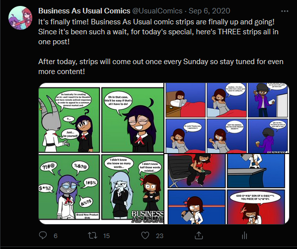 UsualComics's tweet photo. HI BREAKING CHARACTER FOR A SEC
I'M PUNCHING THE AIR BECAUSE THIS WAS SUPPOSED TO BE A CALLBACK TO THE FIRST EVER BAU STRIP CREATED AND IT WAS GOING TO BE QUOTE RETWEET ON IT FOR THE JOKE

HOWEVER I AM NOW REALIZING, A YEAR AND A HALF LATER, THIS FIRST STRIP WAS NEVER EVEN POSTED https://t.co/vOTvYgebSb