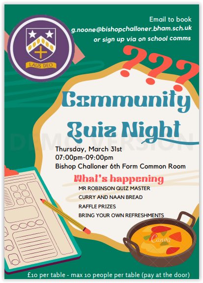 bc_friends's tweet photo. ⁦@BishopChalloner⁩ Community Quiz Night - Book your table now! https://t.co/zAegDetavN