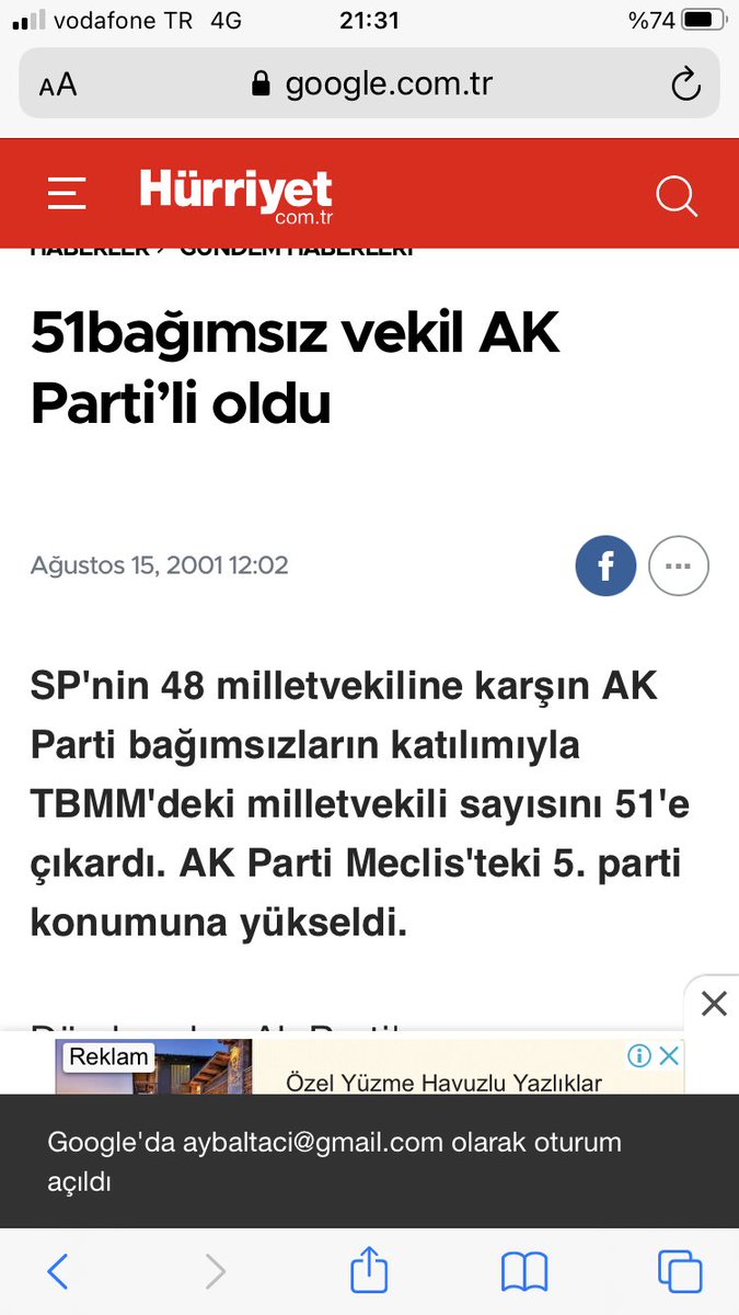 Fazilet Partisi kadroları resmen ortadan ikiye bölündü. TBMM’de 103 milletvekili olan Fazilet Partisi vekillerinin 48’i Saadet Partisi’ne, 51 kişi ise 14 Ağustos’ta kurulan Ak Parti’ye iltihak etti.