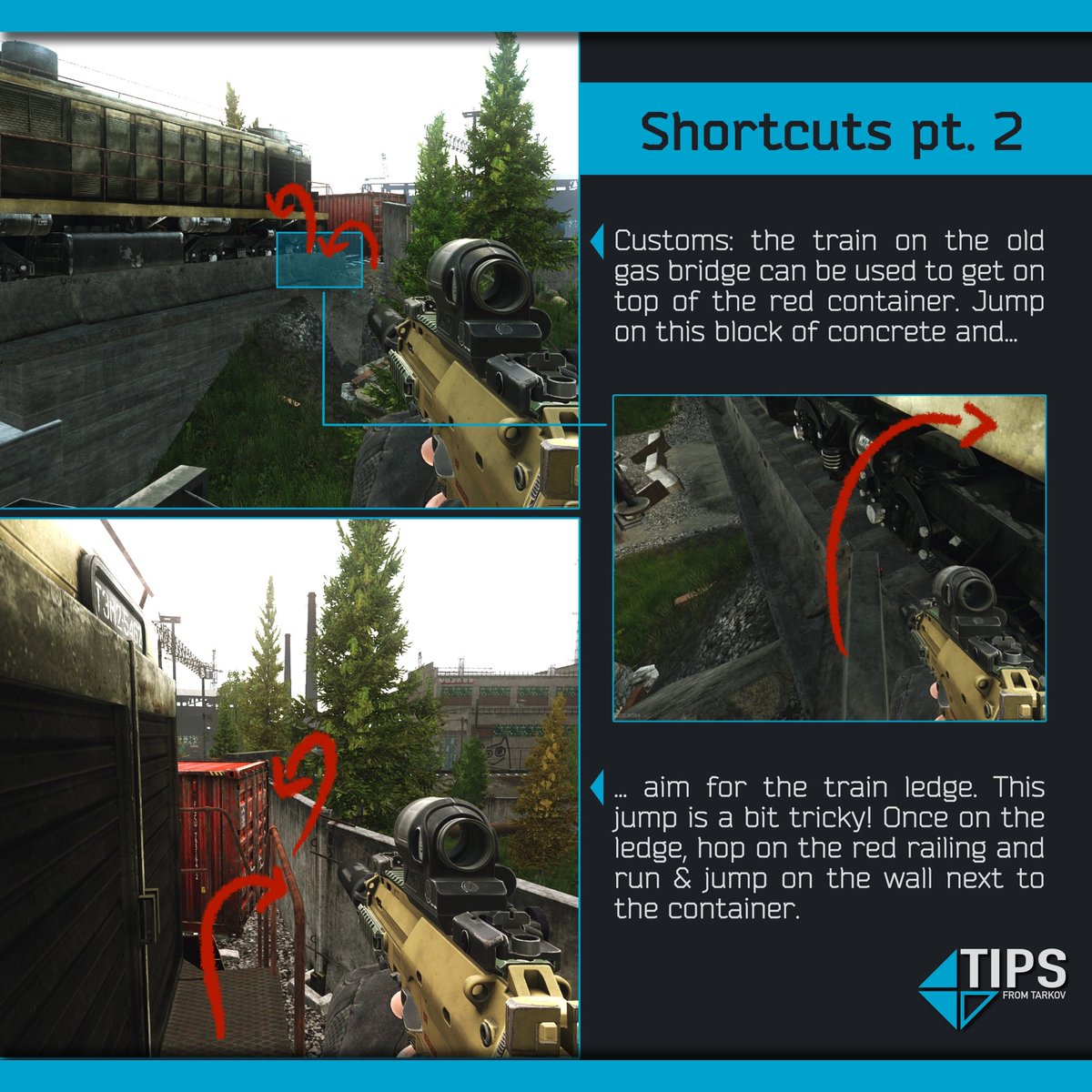 another shortcut for customs. getting on top of the red container allows to quickly reposition into three different areas: gas station, railroad, and warehouse. #EscapefromTarkov