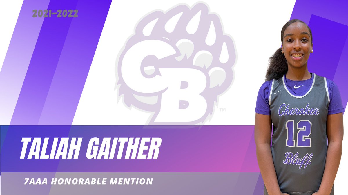Cherokee Bluff Girls Basketball (@cbluff_wbb) on Twitter photo Congrats to Freshman <a href="/GaitherTaliah/">Taliah Gaither</a> for being recognized as Honorable Mention in 7AAA. Taliah leads our team in rebounds and is 2nd in scoring to big sis. Congrats to Freshman <a href="/GaitherTaliah/">Taliah Gaither</a> for being recognized as Honorable Mention in 7AAA. Taliah leads our team in rebounds and is 2nd in scoring to big sis.