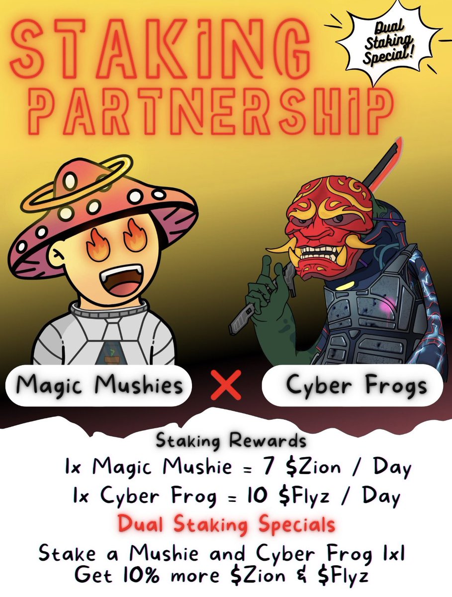 🔥 <a href="/magic_mushies/">magic mushies</a> x <a href="/CyberFrogsNFT/">Cyber Frogs (!FF)</a> 🔥

We’re 😁 2 be 🤝 

🍄 will earn more $ZION when dual staking with a 🐸 

Let’s give away 3 frogs to our new frens!

To enter: 
1️⃣ Like and RT 
2️⃣ Follow <a href="/magic_mushies/">magic mushies</a> &amp; <a href="/CyberFrogsNFT/">Cyber Frogs (!FF)</a> 
3️⃣ tag 3 frens

#NFTGiveaway #NFTCommunity #SolanaNFTs
