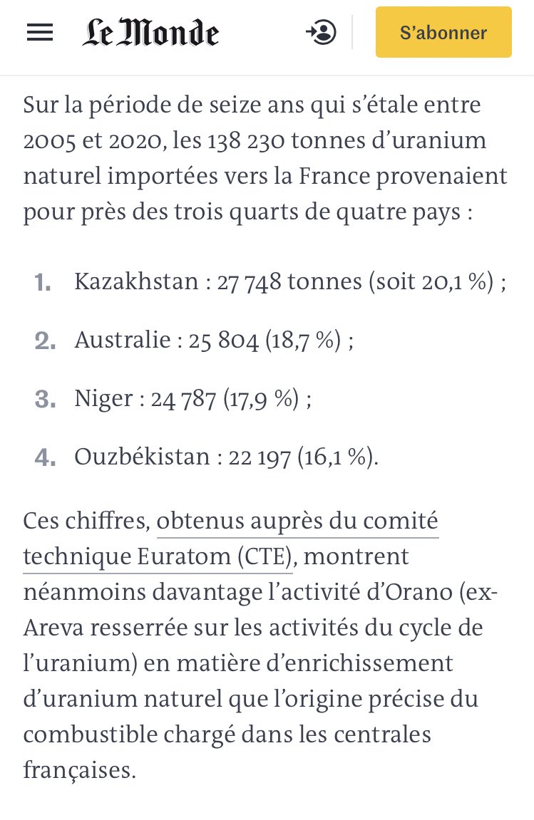 bertrandwert's tweet image. Top article de @lemondefr qui fournit les chiffres (difficile à trouver) de la DÉPENDANCE énergétique de la France au #nucleaire ☢️

100% de minerai importé en maj. du Kazakhstan 20 %

Et de pointer la prudence de l’Elysee sur la repression au Kazakhstan

bit.ly/3J1MZ2I