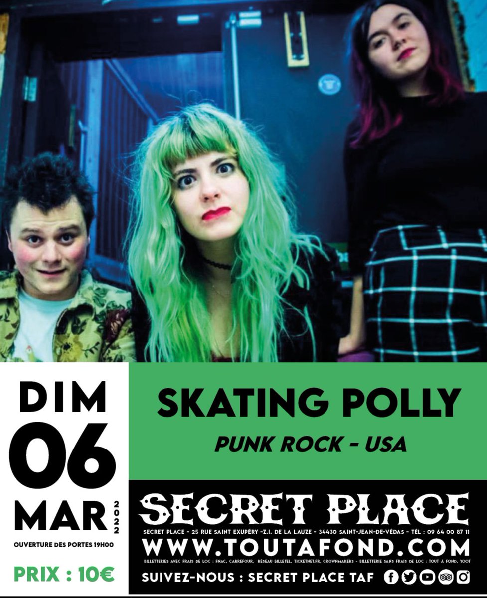 secretplacetaf's tweet photo. ! CONCERT !
Le groupe américain SKATING POLLY viendront jouer à la SECRET PLACE le 6 mars 2022 !
PUNK ROCK à fond !

+ d'infos : https://t.co/8llB3LSsqT https://t.co/8zakGNlUNU