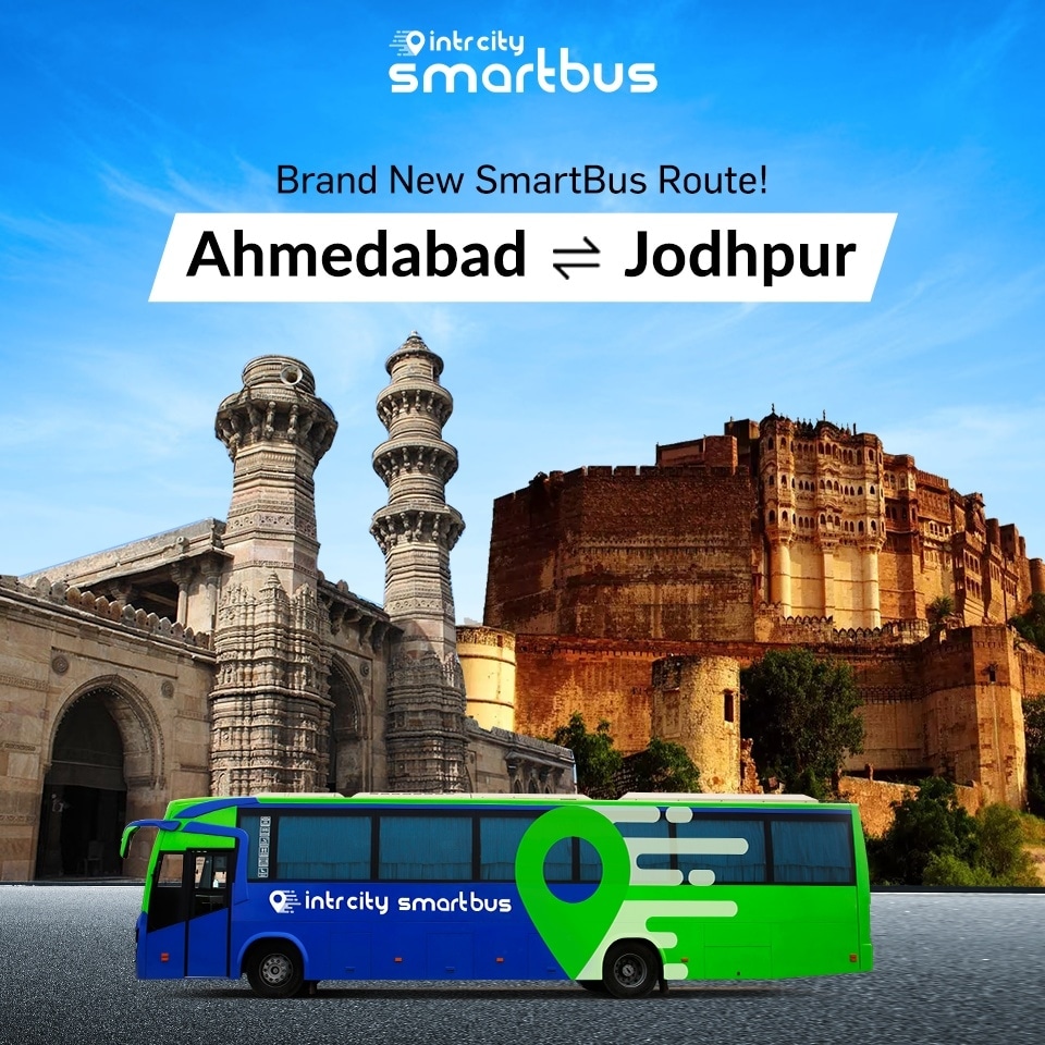 IntrCity's tweet photo. LIVE NOW - Our LATEST SmartBus Route! Travel in the SAFEST &amp; only fully organized bus service, with 5 Step Sanitization, Mandatory Thermal Scanning, Safe Boarding &amp; more!

#IntrCity #SmartBus #RailYatri #EnjoyTheUpgrade #Travel #TravelSafe #Safe #Ahmedabad #Jodhpur #New #Bus https://t.co/mgkz6MySot