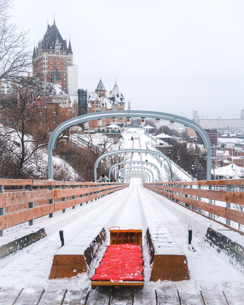 Toboggan slide in Quebec City. Can see the Chateau Frontenac in the background. 