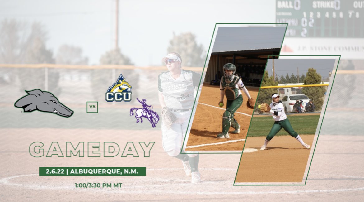 ENMUSoftball's tweet photo. Greyhounds take the field today in another DH vs. CCU and NMHU at 1:00 & 3:30. #ENMUSB #ALLIN #GameDay https://t.co/zH7Dn2gvfA