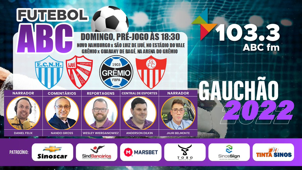 jauribelmont's tweet photo. ⚽️GAUCHÃO 2022

🎙️Hoje estarei na jornada esportiva da @abc103fm! 
Às 19h narro, direto do Estádio do Vale:

▪️  NOVO HAMBURGO x SÃO LUIZ.

Acompanhe pelo FM, 103.3, ou pelo site https://t.co/XzejDd2fhy No APP: Rádio ABC 103.3FM https://t.co/BQFXWgF6HL