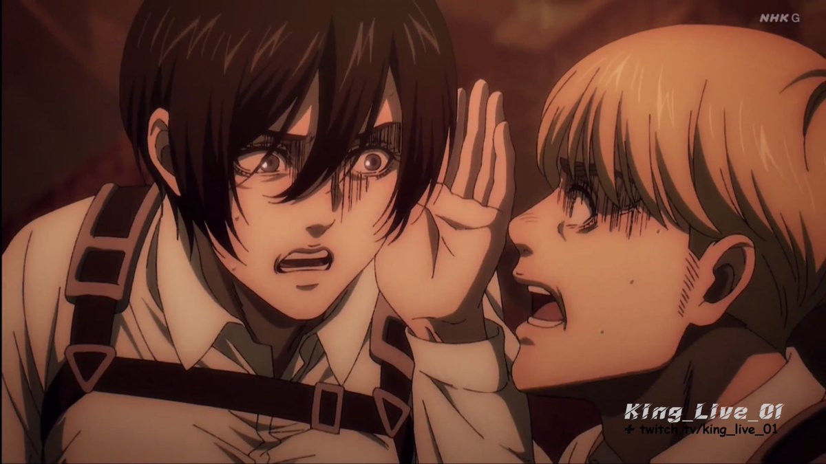 crimsonarmin's tweet image. armin: it’s the rumbling 

mikasa: bitch what? #AttackonTitanFinalSeason #AttackonTitanFinalSeasonpart2 #進撃の巨人 #shingeki