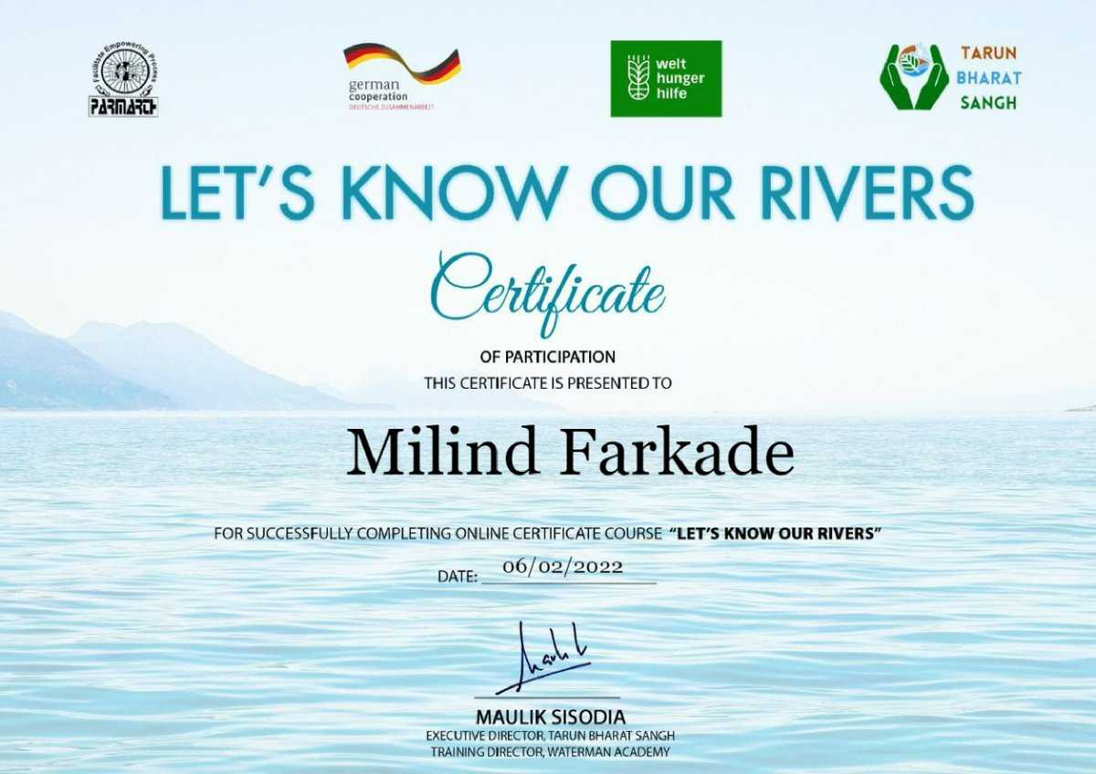 #Lets know your River 
It's really worth to join this online course.Nice presentation,good video, simple language.
# Request to join each one 
<a href="/watermanofindia/">Rajendra Singh</a> 
<a href="/mauliksisodia/">Maulik Sisodia</a> 
<a href="/CWCOfficial_GoI/">Central Water Commission</a> 
<a href="/PMOIndia/">PMO India</a> 
<a href="/CGWB_CHQ/">Central Ground Water Board</a>