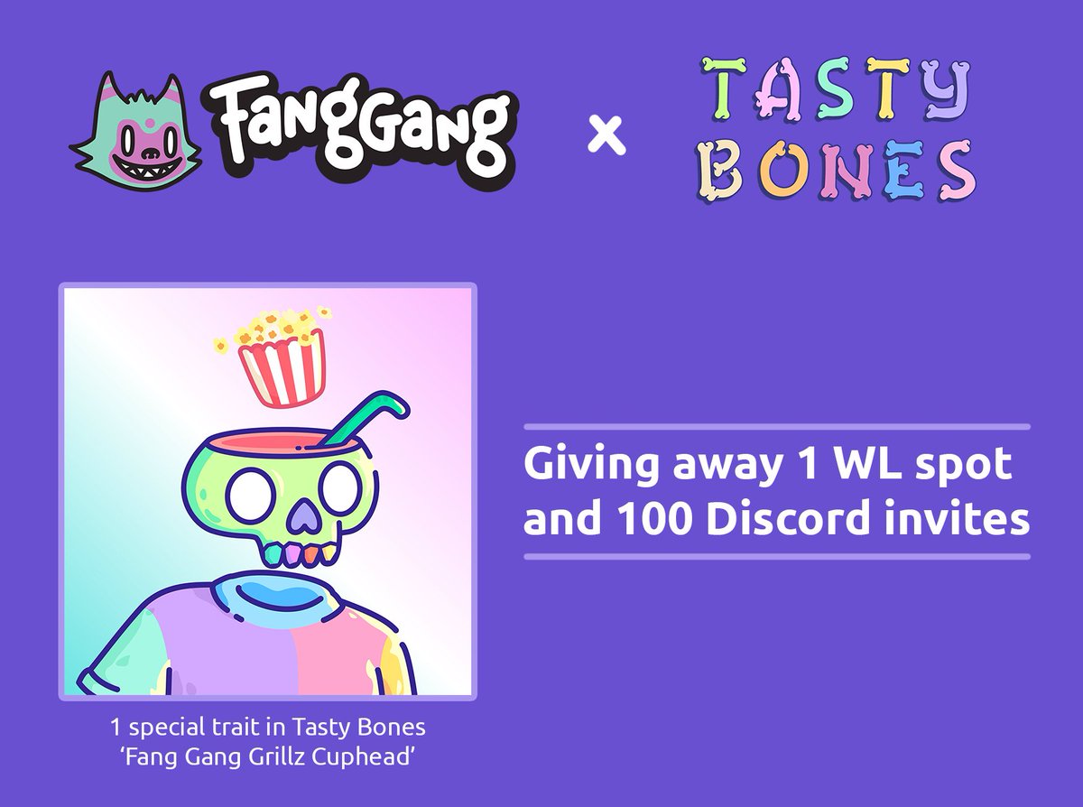 FangGangNFT's tweet image. 💜 Fang Gang x Tasty Bones 💜

Giving away 1 WL spot and 100 Discord invites for Tasty Bones! 

Check discord.gg/fanggang for the invite raffle

How to enter:
- Follow @FangGangNFT &amp;amp; @TastyBonesNFT 
- RT &amp;amp; LIKE this tweet
- Join Fang Gang Discord

WL winner announced in 24hrs
