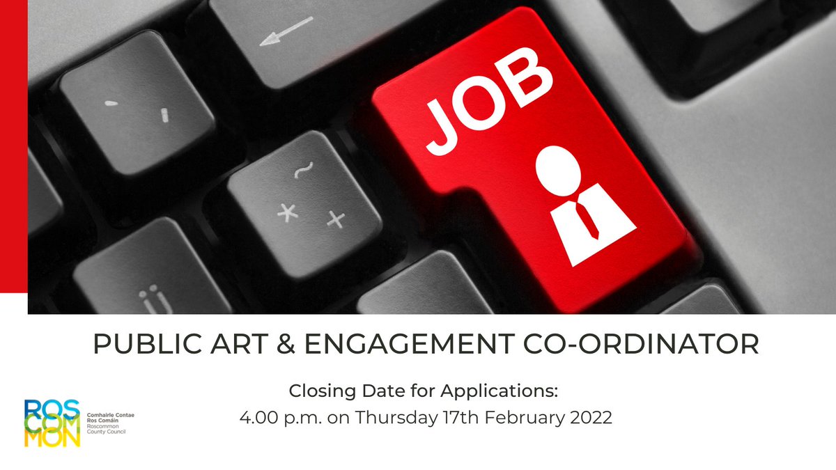 roscommoncoco's tweet photo. Roscommon County Council are inviting applications from suitably qualified persons for the position of:
✔️PUBLIC ART & ENGAGEMENT CO-ORDINATOR
Details at: ▶️ https://t.co/nA4JSJrxPA
📅Closing Date: 4pm Thursday 17th February 2022
#RoscommonJobs #Roscommon #Jobs #JobVacancy #Art https://t.co/zlvKQ4ma06