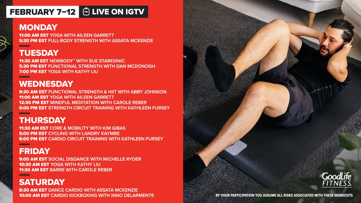 GoodLifeFitness's tweet photo. Feel stronger, more energized and connected with our free Instagram Live classes. 🔥 Follow along while you’re at the gym or from the comfort of your own home! #GoodLifeAtHome https://t.co/Lk9AZ22vCx