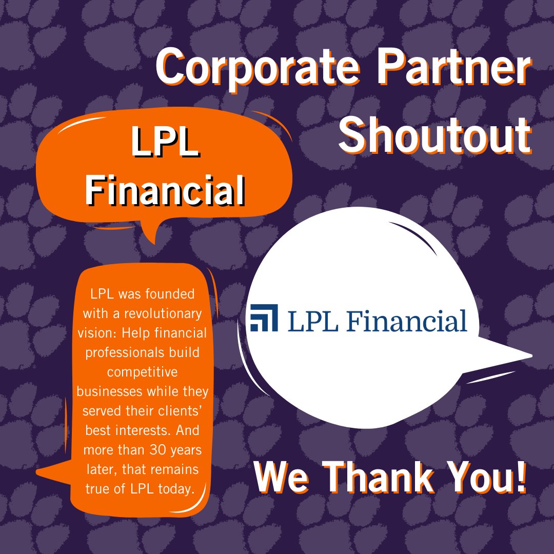 Corporate partner shoutout - LPL Financial

Thank you for your support!

 #cucareercenter #hirecutiger #clemsonuniversity #careercenter #clemson #clemsontigers #clemsonfamily #careerdevelopment
