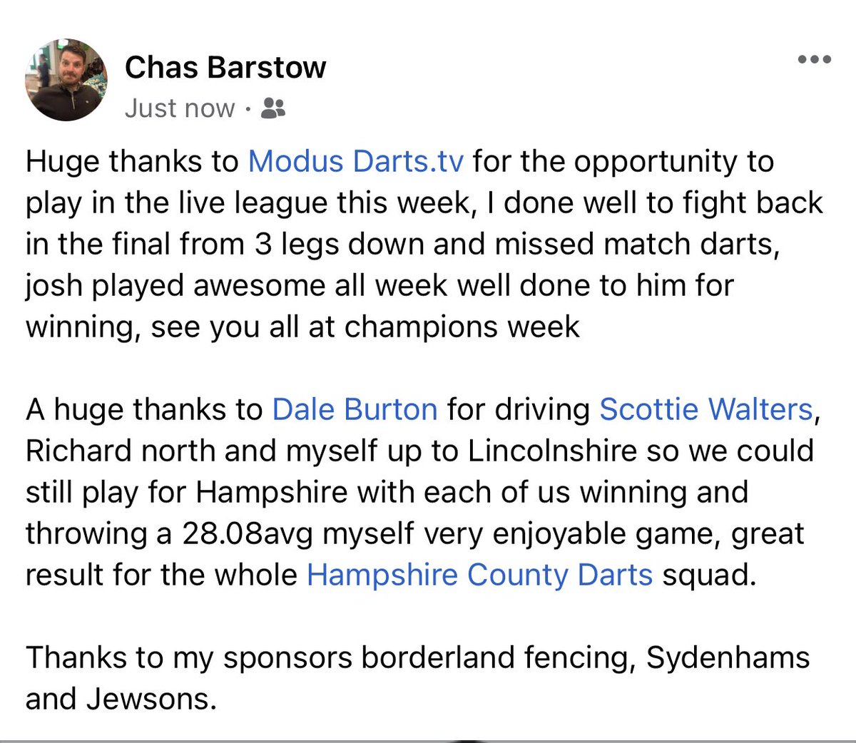 chas barstow (@barstowchas) on Twitter photo Huge thanks to <a href="/ModusDarts180/">MODUS Sports</a> <a href="/tv_sporty/">SportyStuffTV</a> for the @DartsLiveLeague invite. Thanks to Sponsors Borderland fencing <a href="/Jewson/">Jewson</a> <a href="/TweetSydenhams/">Sydenhams</a> Also like to welcome my new social media manager <a href="/MiniBadger09/">Dale Burton</a> Huge thanks to <a href="/ModusDarts180/">MODUS Sports</a> <a href="/tv_sporty/">SportyStuffTV</a> for the @DartsLiveLeague invite. Thanks to Sponsors Borderland fencing <a href="/Jewson/">Jewson</a> <a href="/TweetSydenhams/">Sydenhams</a> Also like to welcome my new social media manager <a href="/MiniBadger09/">Dale Burton</a>