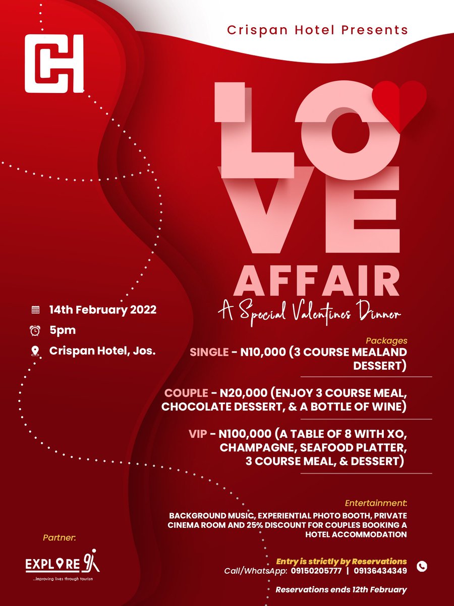 freezle_'s tweet photo. Here is a good place to spend valentines. give your loved ones a treat at the exclusive dinner @ @CrispanHotelJos 

Call to book a ticket. 09136434349 https://t.co/NTWfotqRM6