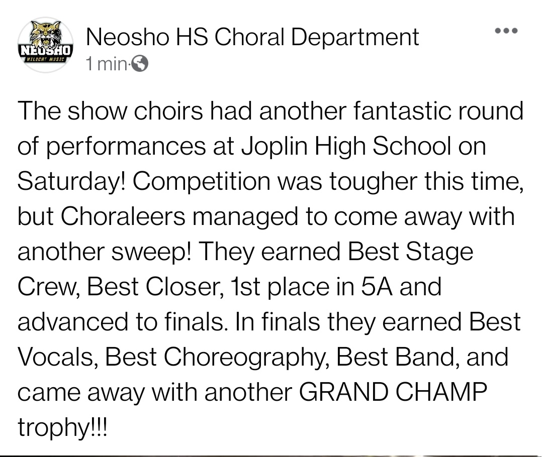 NeoshoHS's tweet photo. Congratulations, Neosho Choraleers, on a stellar sweep at the Joplin Show Choir Invitational this weekend!! Fabulous performances by our beloved Phenomenon, Sugar &amp; Spice and Choraleers. 🎶💛🖤💛🎶 https://t.co/Wv0kkCZw1J