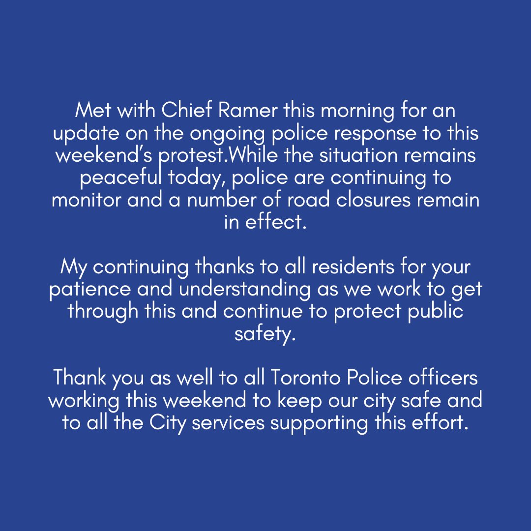 JohnTory's tweet photo. Met with Chief @jamesramertps this morning for an update on the ongoing police response to this weekend’s protest.

While the situation remains peaceful today, police are continuing to monitor and a number of road closures remain in effect. https://t.co/6M7PRFxVmO